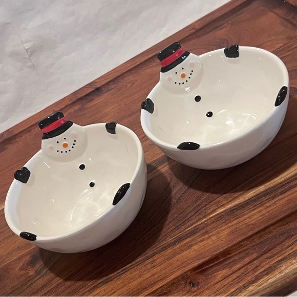 TWO (2) Magenta Ceramic Snowman Snack Bowls White/Black/Red - Picture 3 of 15